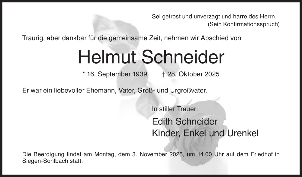  Traueranzeige für Helmut Schneider vom 03.11.2025 aus Siegener Zeitung