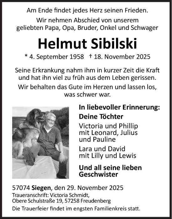 Traueranzeige von Helmut Sibilski von Siegener Zeitung