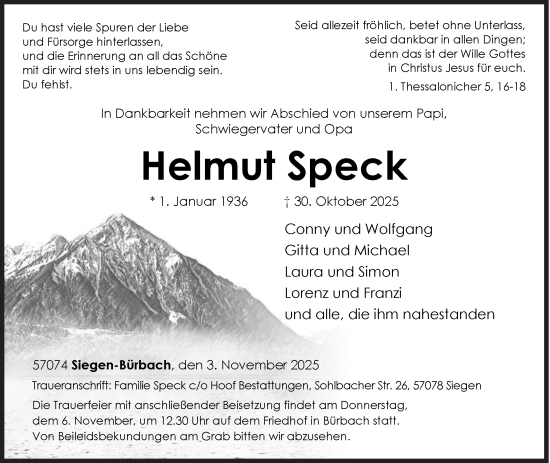 Traueranzeige von Helmut Speck von Siegener Zeitung