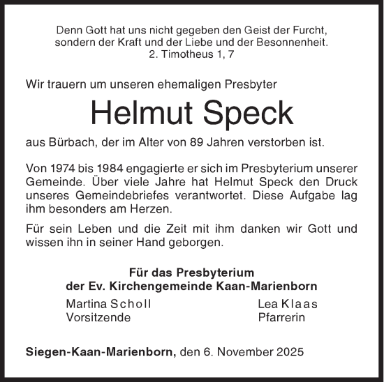 Traueranzeige von Helmut Speck von Siegener Zeitung