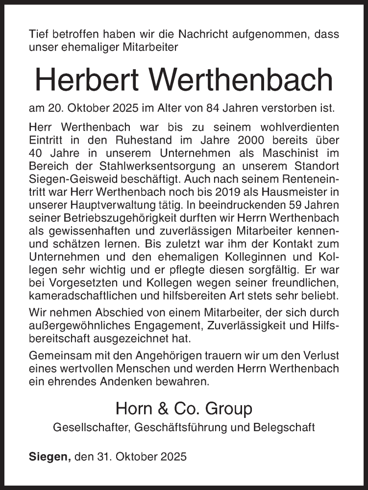  Traueranzeige für Herbert Werthenbach vom 31.10.2025 aus Siegener Zeitung