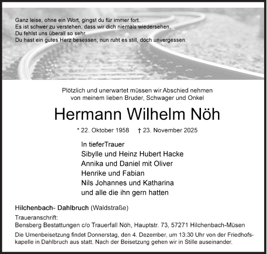 Traueranzeige von Hermann Wilhelm Nöh von Siegener Zeitung