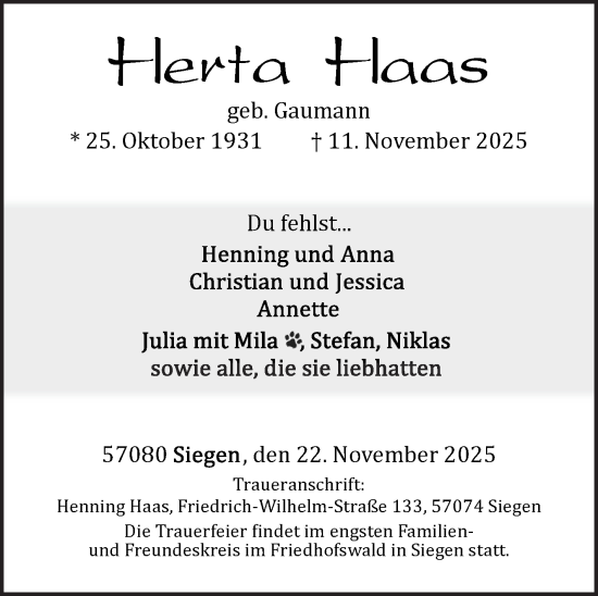 Traueranzeige von Herta Haas von Siegener Zeitung