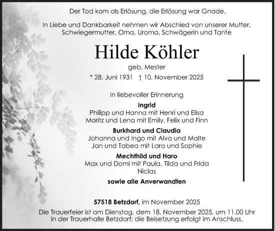 Traueranzeige von Hilde Köhler von Siegener Zeitung