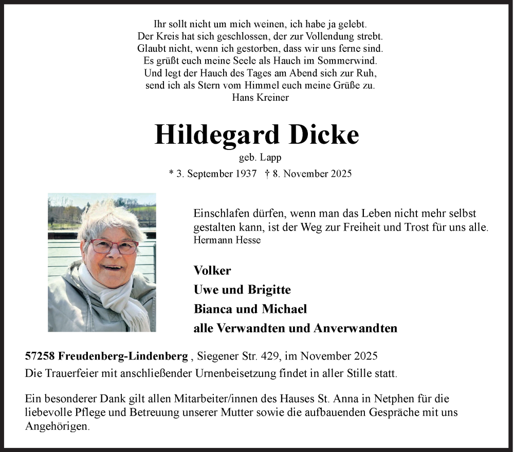  Traueranzeige für Hildegard Dicke vom 12.11.2025 aus Siegener Zeitung