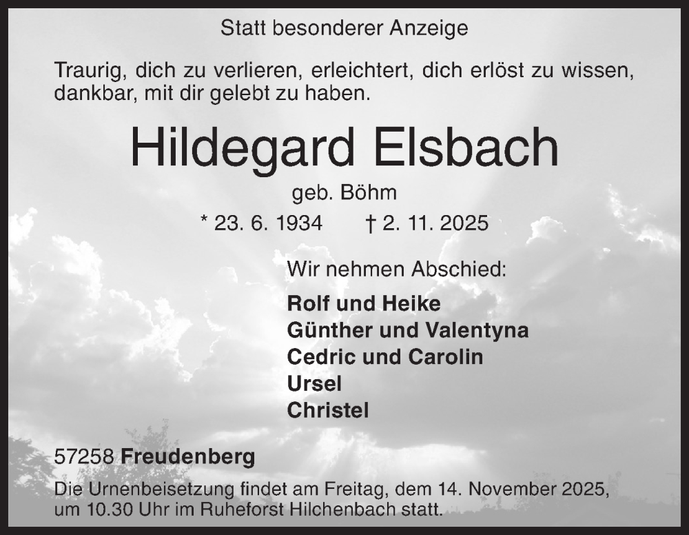  Traueranzeige für Hildegard Elsbach vom 08.11.2025 aus Siegener Zeitung