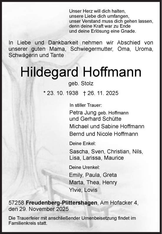 Traueranzeige von Hildegard Hoffmann von Siegener Zeitung
