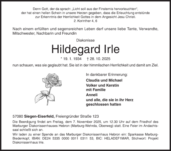 Traueranzeige von Hildegard Irle von Siegener Zeitung