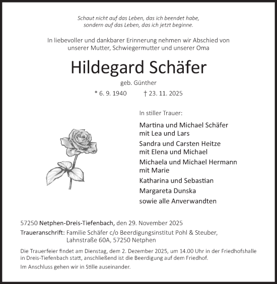 Traueranzeige von Hildegard Schäfer von Siegener Zeitung