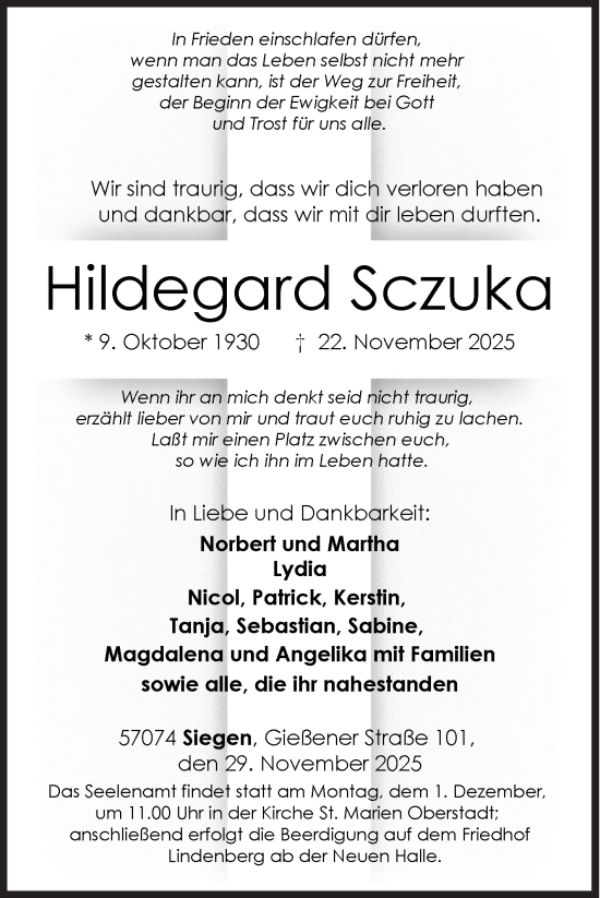 Traueranzeige von Hildegard Sczuka von Siegener Zeitung
