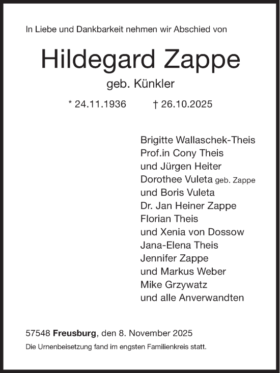 Traueranzeige von Hildegard Zappe von Siegener Zeitung