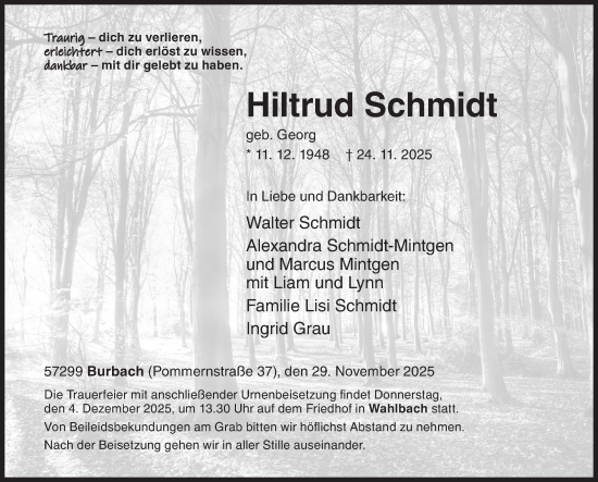 Traueranzeige von Hiltrud Schmidt von Siegener Zeitung