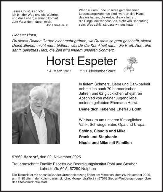 Traueranzeige von Horst Espeter von Siegener Zeitung