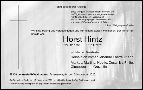 Traueranzeige von Horst Hintz von Siegener Zeitung