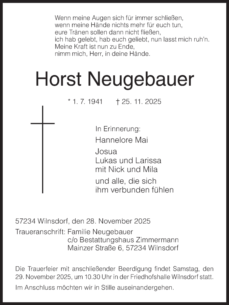  Traueranzeige für Horst Neugebauer vom 28.11.2025 aus Siegener Zeitung
