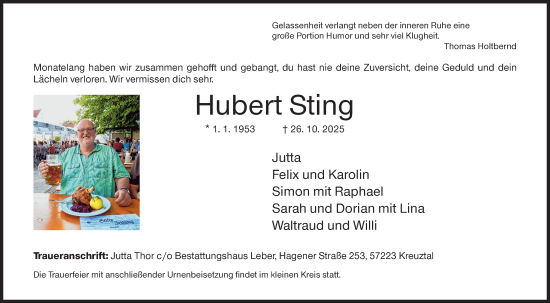 Traueranzeige von Hubert Sting von Siegener Zeitung
