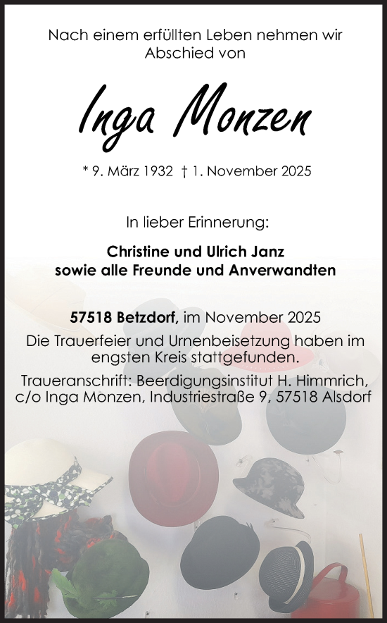 Traueranzeige von Inga Monzen von Siegener Zeitung