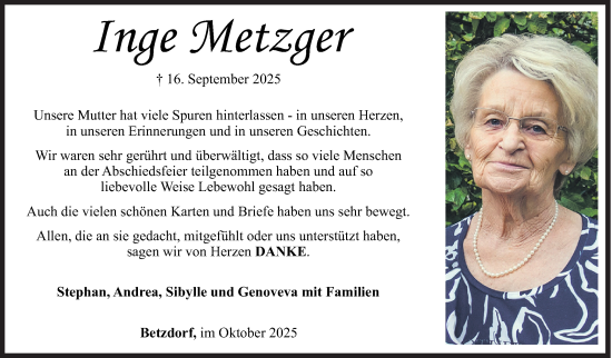 Traueranzeige von Inge Metzger von Siegener Zeitung