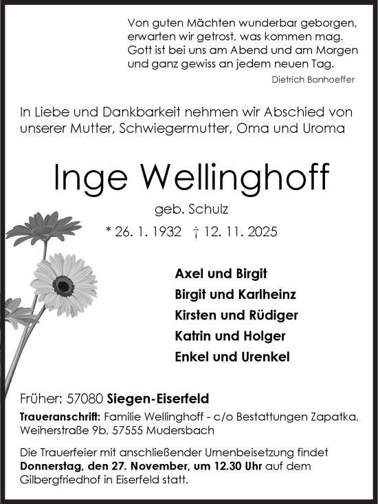 Traueranzeige von Inge Wellinghoff von Siegener Zeitung