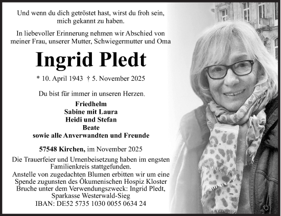 Traueranzeige von Ingrid Pledt von Siegener Zeitung
