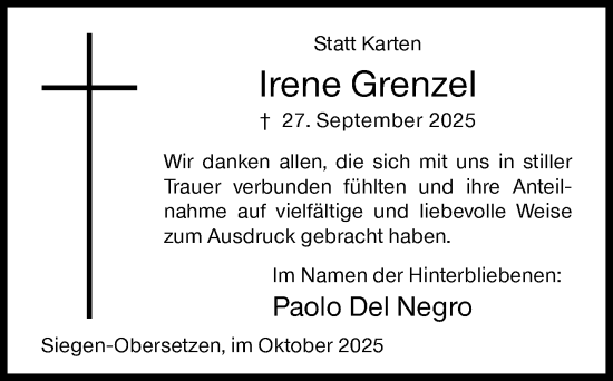 Traueranzeige von Irene Grenzel von Siegener Zeitung