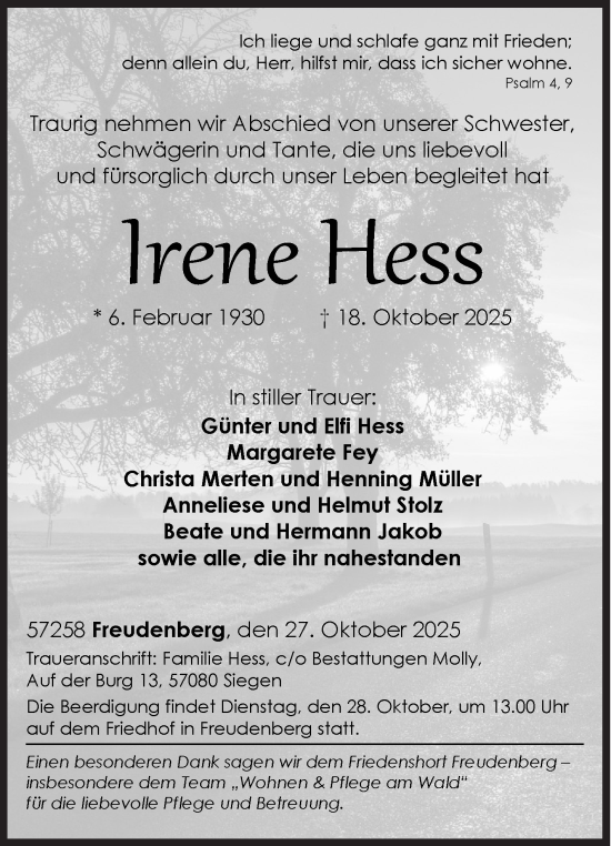Traueranzeige von Irene Hess von Siegener Zeitung