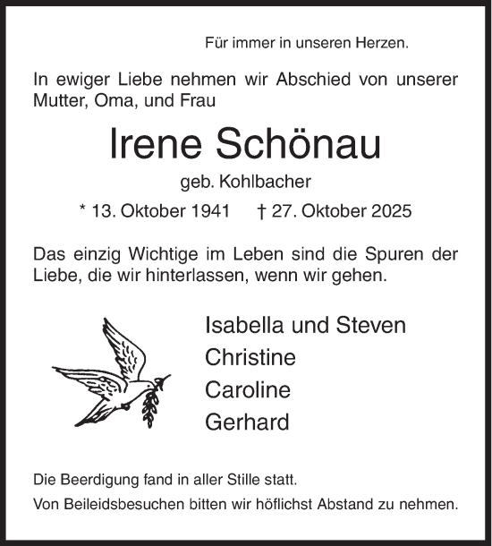 Traueranzeige von Irene Schönau von Siegener Zeitung