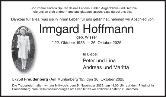 Traueranzeige von Irmgard Hoffmann von Siegener Zeitung