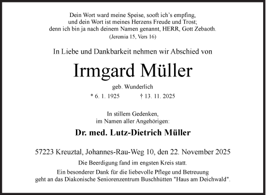 Traueranzeige von Irmgard Müller von Siegener Zeitung