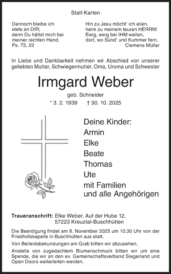 Traueranzeige von Irmgard Weber von Siegener Zeitung