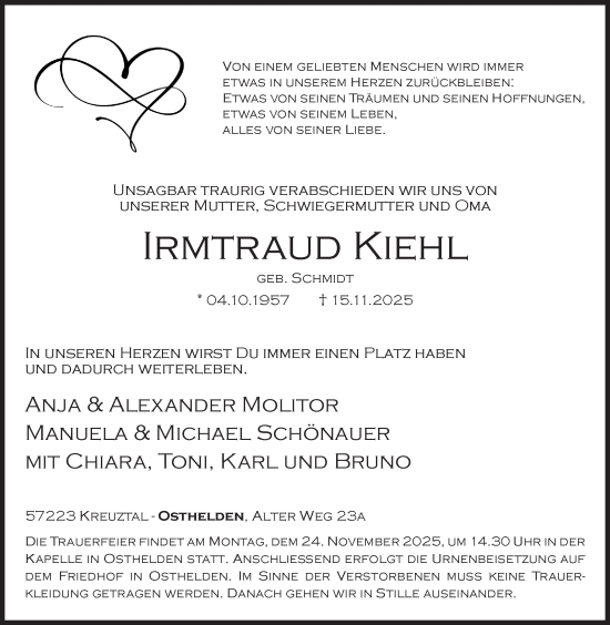 Traueranzeige von Irmtraud Kiehl von Siegener Zeitung