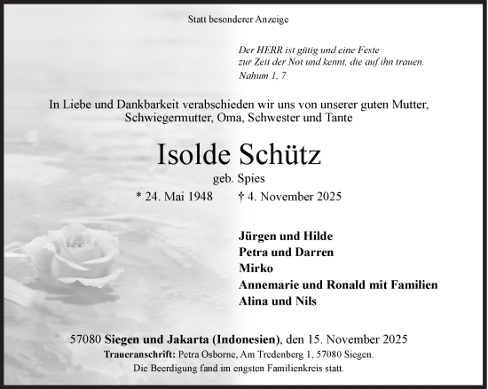 Traueranzeige von Isolde Schütz von Siegener Zeitung
