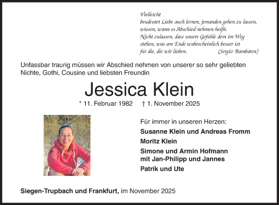 Traueranzeige von Jessica Klein von Siegener Zeitung