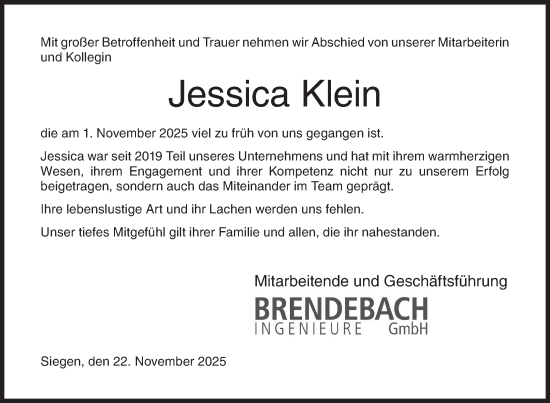 Traueranzeige von Jessica Klein von Siegener Zeitung