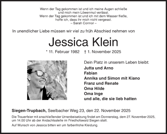 Traueranzeige von Jessica Klein von Siegener Zeitung