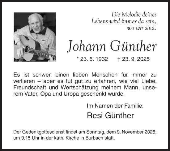 Traueranzeige von Johann Günther von Siegener Zeitung