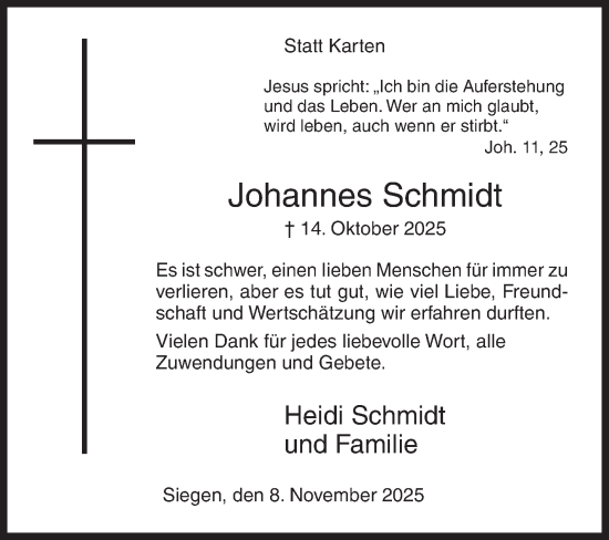 Traueranzeige von Johannes Schmidt von Siegener Zeitung