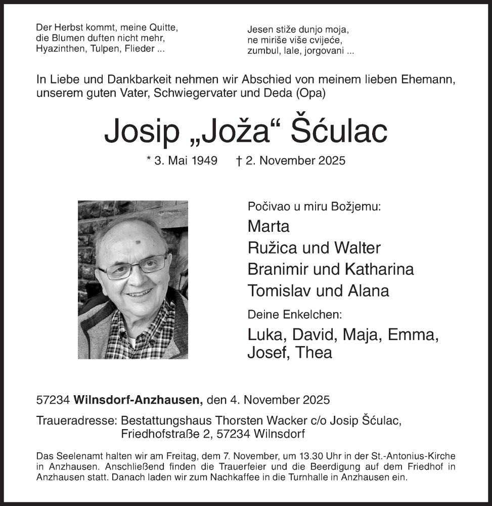  Traueranzeige für Josip Šculac vom 04.11.2025 aus Siegener Zeitung