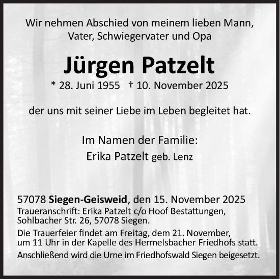 Traueranzeige von Jürgen Patzelt von Siegener Zeitung