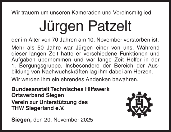 Traueranzeige von Jürgen Patzelt von Siegener Zeitung