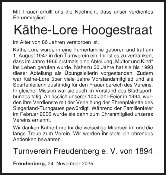 Traueranzeige von Käthe-Lore Hoogestraat von Siegener Zeitung