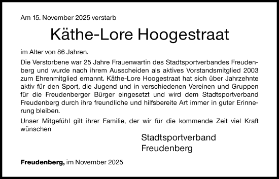 Traueranzeige von Käthe-Lore Hoogestraat von Siegener Zeitung