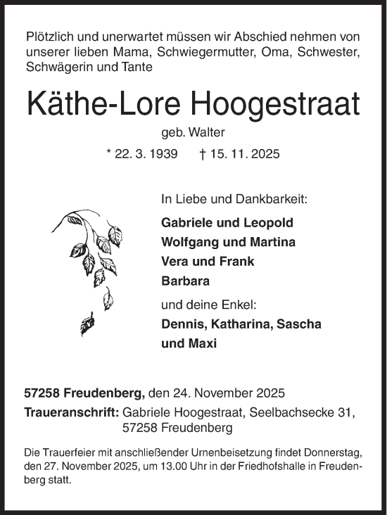 Traueranzeige von Käthe-Lore Hoogestraat von Siegener Zeitung
