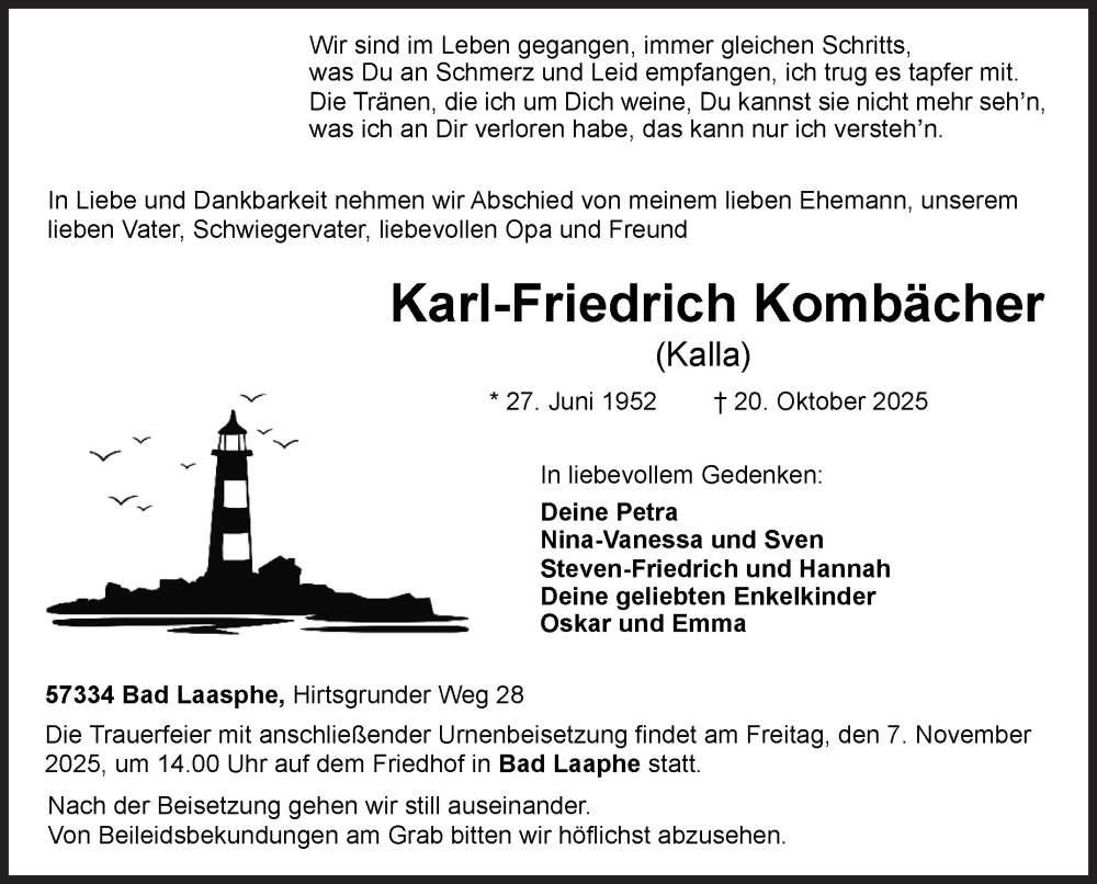  Traueranzeige für Karl-Friedrich Kombächer vom 31.10.2025 aus Siegener Zeitung