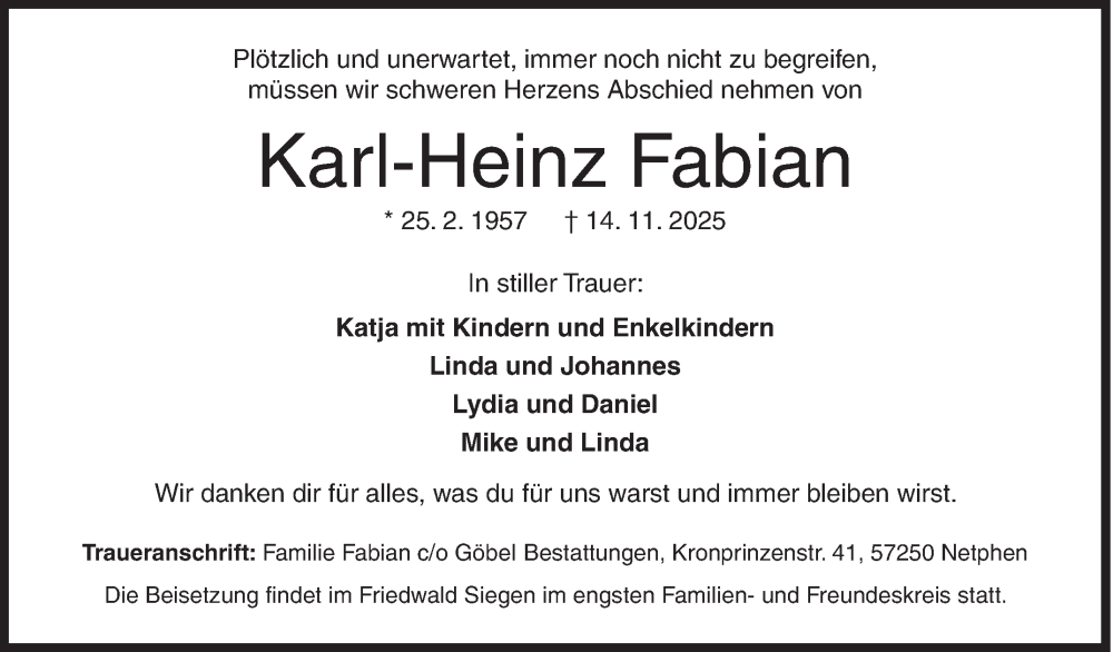  Traueranzeige für Karl-Heinz Fabian vom 29.11.2025 aus Siegener Zeitung