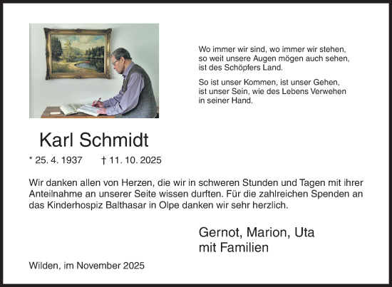 Traueranzeige von Karl Schmidt von Siegener Zeitung