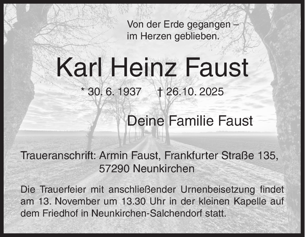  Traueranzeige für Karl Heinz Faust vom 08.11.2025 aus Siegener Zeitung