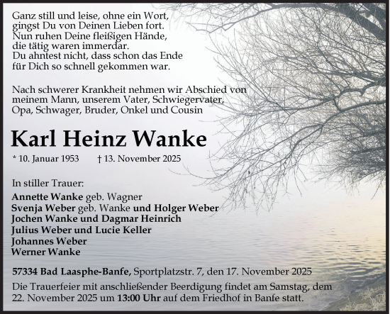 Traueranzeige von Karl Heinz Wanke von Siegener Zeitung