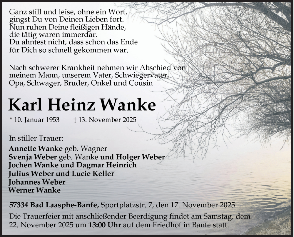  Traueranzeige für Karl Heinz Wanke vom 17.11.2025 aus Siegener Zeitung