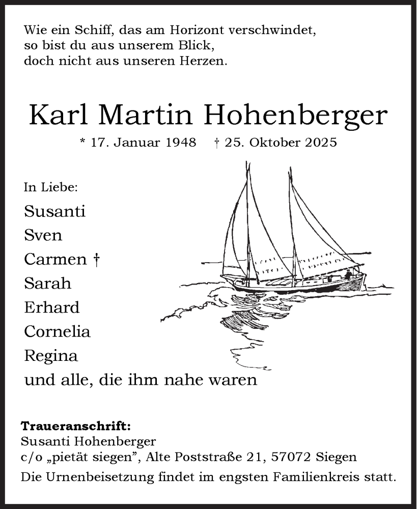  Traueranzeige für Karl Martin Hohenberger vom 30.10.2025 aus Siegener Zeitung